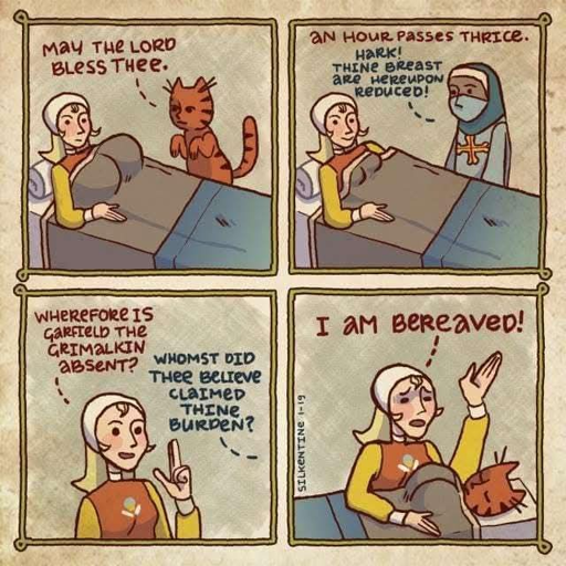 4 panel comic in a pseudo medieval style.

First panel: A woman with big breasts is lying in a bed. An orange cat standing by her says "May the Lord bless thee".

Second panel: "An hour passes thrice". Woman in bed no longer has big breasts. A nurse is standing by her and says "Hark! Thine breast are hereupon reduced!"

Third panel: the woman in bed gets up and asks "Wherefore is Garfield The Grimalkin absent?". The nurse from off-panel says "Whomst did thee believe claimed thine burden?".

Fourth panel: the woman exclaims "I am bereaved!" while the orange cat, now with big breasts, is lying in bed.