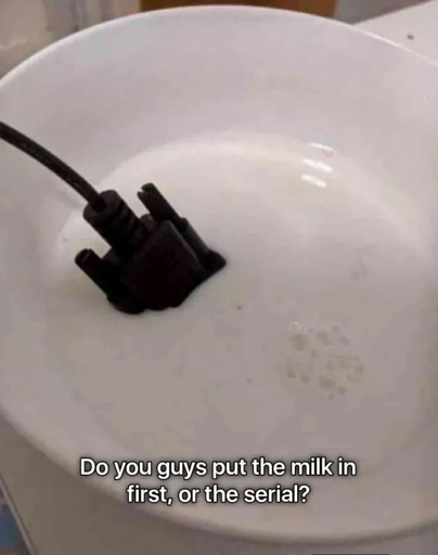 "Do you guys put the milk in first, or the serial?". Picture of a bowl of milk with a serial port connector inside